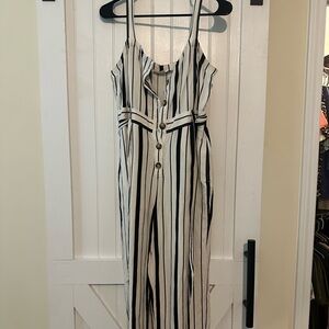 LOFT Black and White Striped Jumpsuit with Tie Belt